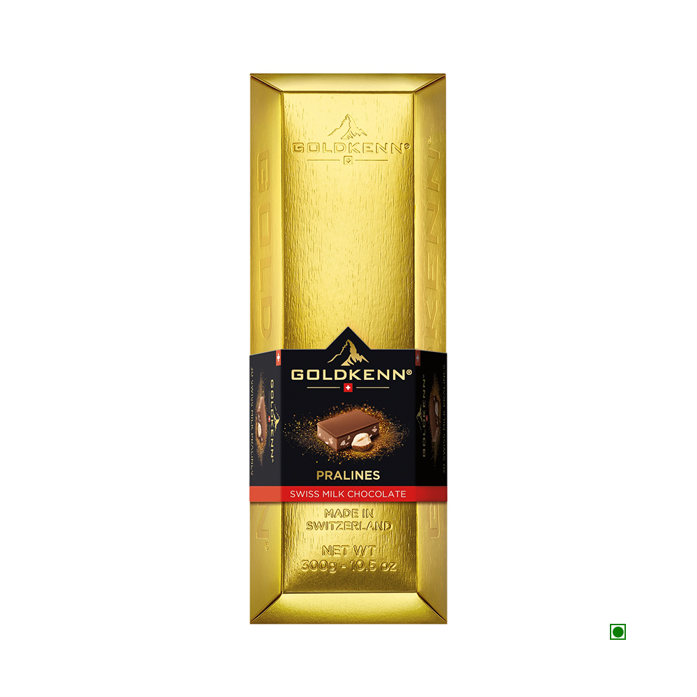 A Goldkenn Goldbar Milk 300g, wrapped in gold foil and elegantly encased in premium goldbar packaging. The label proudly reads "Made in Switzerland" and specifies a weight of 300g (10.6oz), exuding an air of luxury.