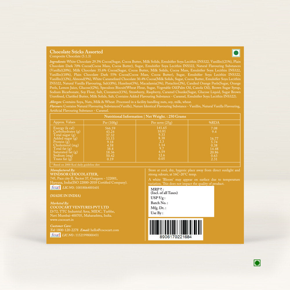 Label for Rhine Valley Assorted Sticks 250g, featuring ingredients, nutritional information, and country of origin: India. The product details also include the batch number, manufacture and expiry dates, along with the manufacturer's contact information.