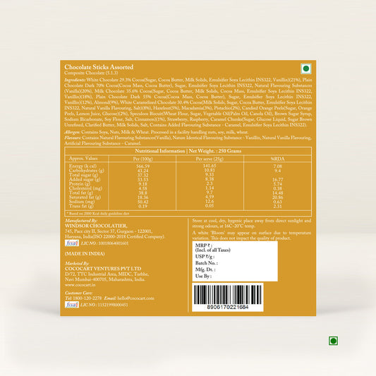 Label for Rhine Valley Assorted Sticks 250g, featuring ingredients, nutritional information, and country of origin: India. The product details also include the batch number, manufacture and expiry dates, along with the manufacturer's contact information.