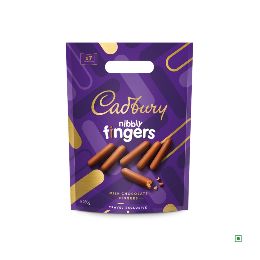 The Cadbury Mini Fingers Pouch 280g features a purple and yellow design with milk chocolate fingers, emphasizing its origin.