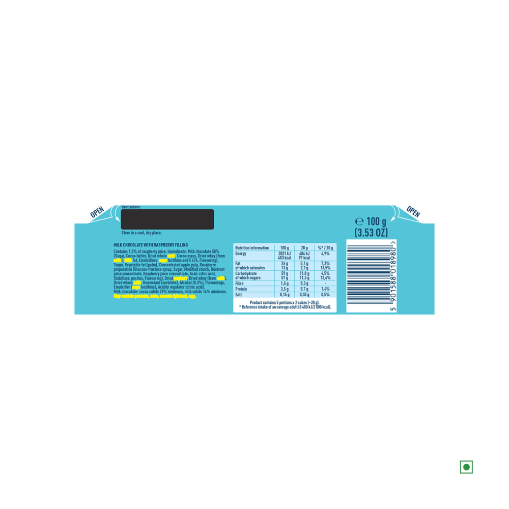 The Wedel Raspberry Milk Chocolate Bar 100g features blue packaging that displays nutritional information, including ingredients, energy content, and a barcode.