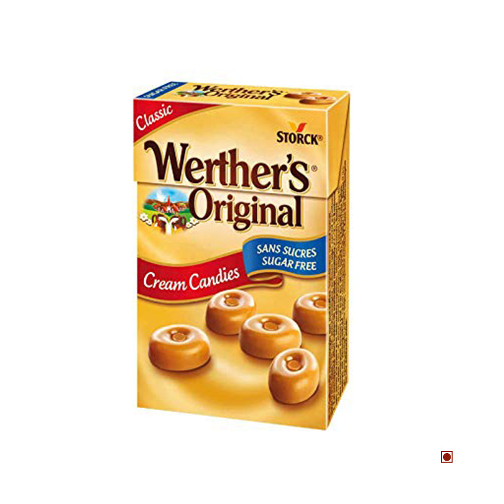 Werther's Original Cream Candies Sugarfree 42g by Werther's—sugar-free caramel candies, shown on the pack front, crafted in Germany.
