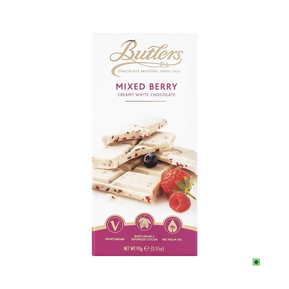 The Butlers Mixed Berry Bar 90g from Ireland showcases packaging decorated with pieces of chocolate topped with berries. This tasty treat is made using vegetarian ingredients and cocoa sourced sustainably.