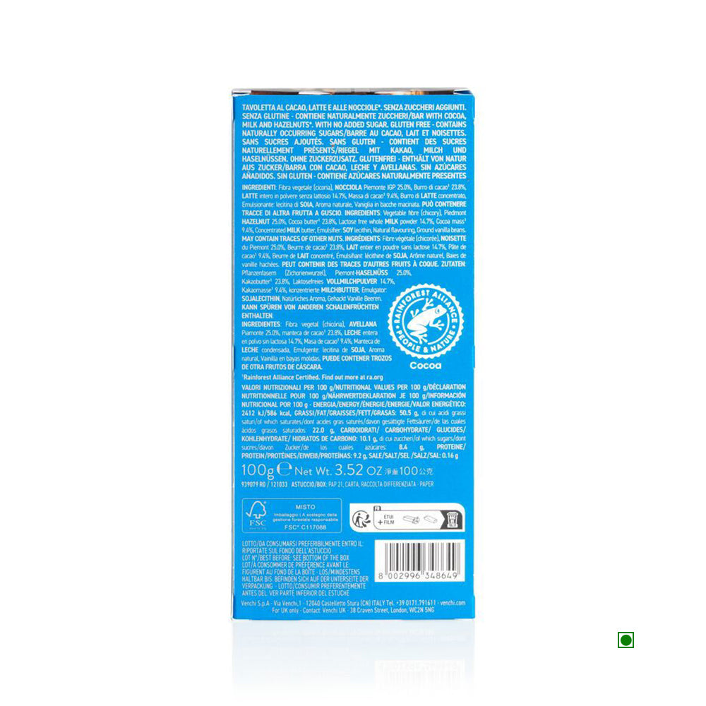 The back of the Venchi Latte Milk No Added Sugar Bar 70g package highlights detailed nutritional information and lists ingredients in multiple languages, proudly stating it's a Cocoa and Milk Bar with No Added Sugar.