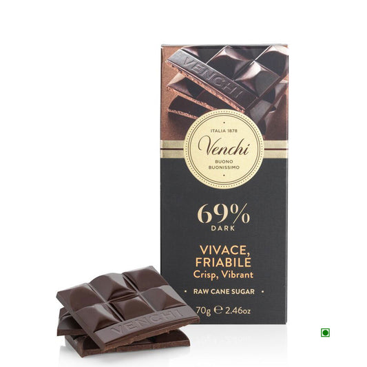 The 70g Venchi 69% Dark Crunchy Bar is made with rich cocoa beans and Caribbean raw cane sugar. The packaging features the words "Vivace, Friabile" and "Crisp, Vibrant," reflecting the dynamic nature of its exceptional ingredients.