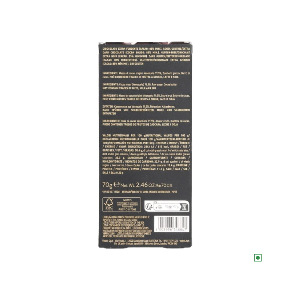 The Venchi 85% Venezuela Dark Chocolate Bar 70g comes in a black rectangular package featuring Italian text with ingredients and nutritional details. Made from single-origin Fino Aromatico cacao, it includes dietary symbols and a barcode at the bottom.
