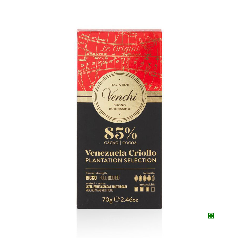 The Venchi 85% Venezuela Dark Chocolate Bar 70g, made from Fino Aromatico cacao, features elegant red and gold packaging with text emphasizing its rich Venezuelan origin and high cocoa content.