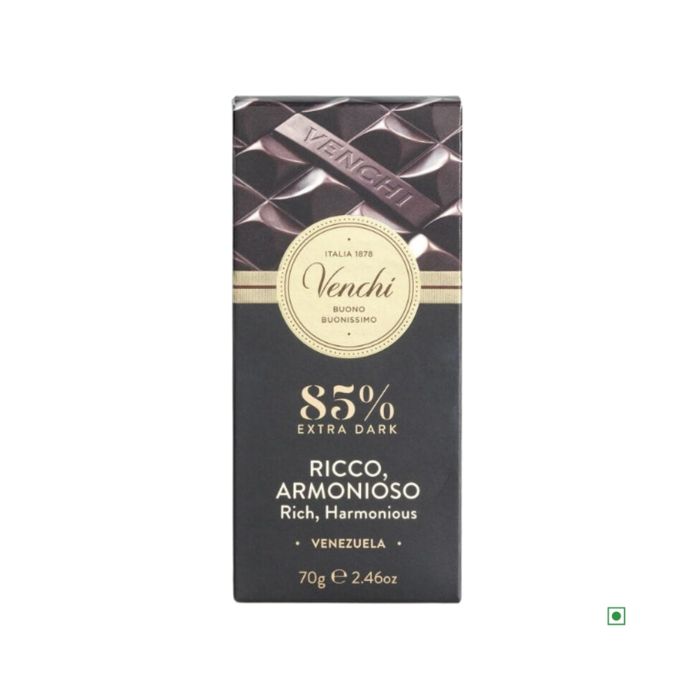 The "Venchi 85% Venezuela Dark Chocolate Bar 70g" features a geometric design and showcases the "Rich, Harmonious" flavors of its high-quality Fino Aromatico cacao from Venezuela.