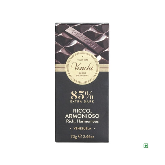 The "Venchi 85% Venezuela Dark Chocolate Bar 70g" features a geometric design and showcases the "Rich, Harmonious" flavors of its high-quality Fino Aromatico cacao from Venezuela.