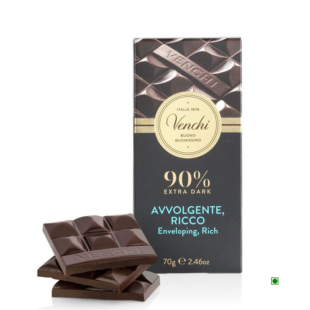 Venchi 90% Extra Dark Chocolate Bar 70g features bold cocoa content with two chocolate pieces and "Avvolgente, Ricco," meaning "Enveloping, Rich." Perfect with dessert wines. Net weight: 70g (2.46oz).