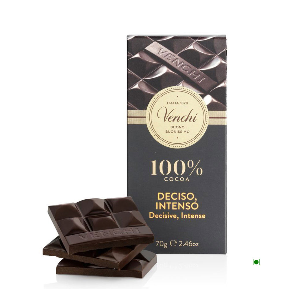 The Venchi 100% South America Chocolate Bar packaging features visible chocolate pieces, with "Deciso, Intenso" highlighting its full-bodied flavor. The green mark indicates quality cocoa and a rich sensory experience. Weight: 70g.