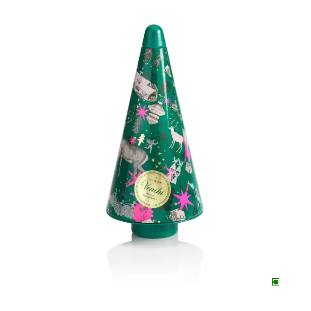 The Venchi Christmas Anna Higgie Pine Metal Tin 112g is a green, cone-shaped container with festive animal and star designs, featuring a Venchi label. It offers delightful surprises like hazelnut pearls and assorted dark caramel treats.