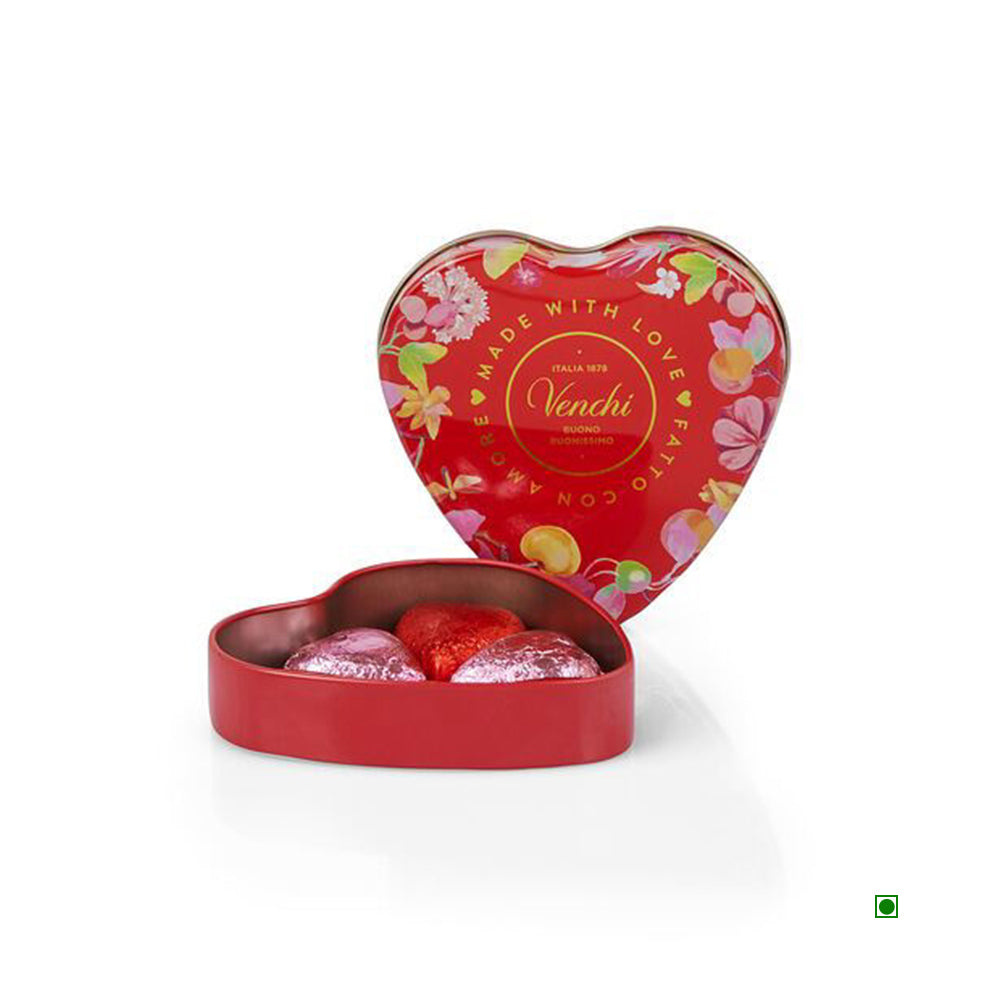 Venchi Small Valentine Heart Tin Box 48g is a heart-shaped red tin with a floral design from Italy, containing assorted wrapped heart chocolates.