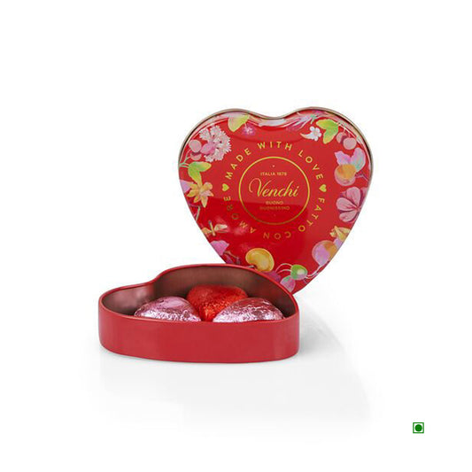 Venchi Small Valentine Heart Tin Box 48g is a heart-shaped red tin with a floral design from Italy, containing assorted wrapped heart chocolates.