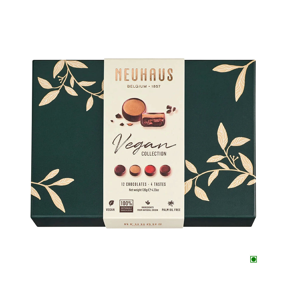 Neuhaus Vegan Chocolate Collection 120g by Neuhaus features illustrations of leaves, offering Belgian praline in a box of 12 vegan and palm oil-free chocolates with four distinct flavors, all wrapped in dark green and beige packaging.