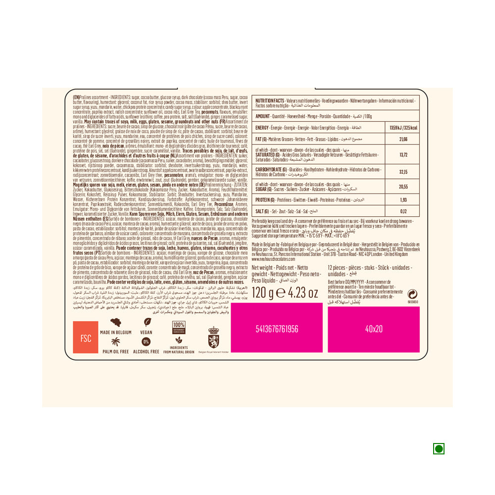 Back of the Neuhaus Vegan Chocolate Collection 120g package featuring detailed ingredients and nutritional information. A pink section displays barcodes and weight, highlighting our exquisite Belgian praline selection by Neuhaus.