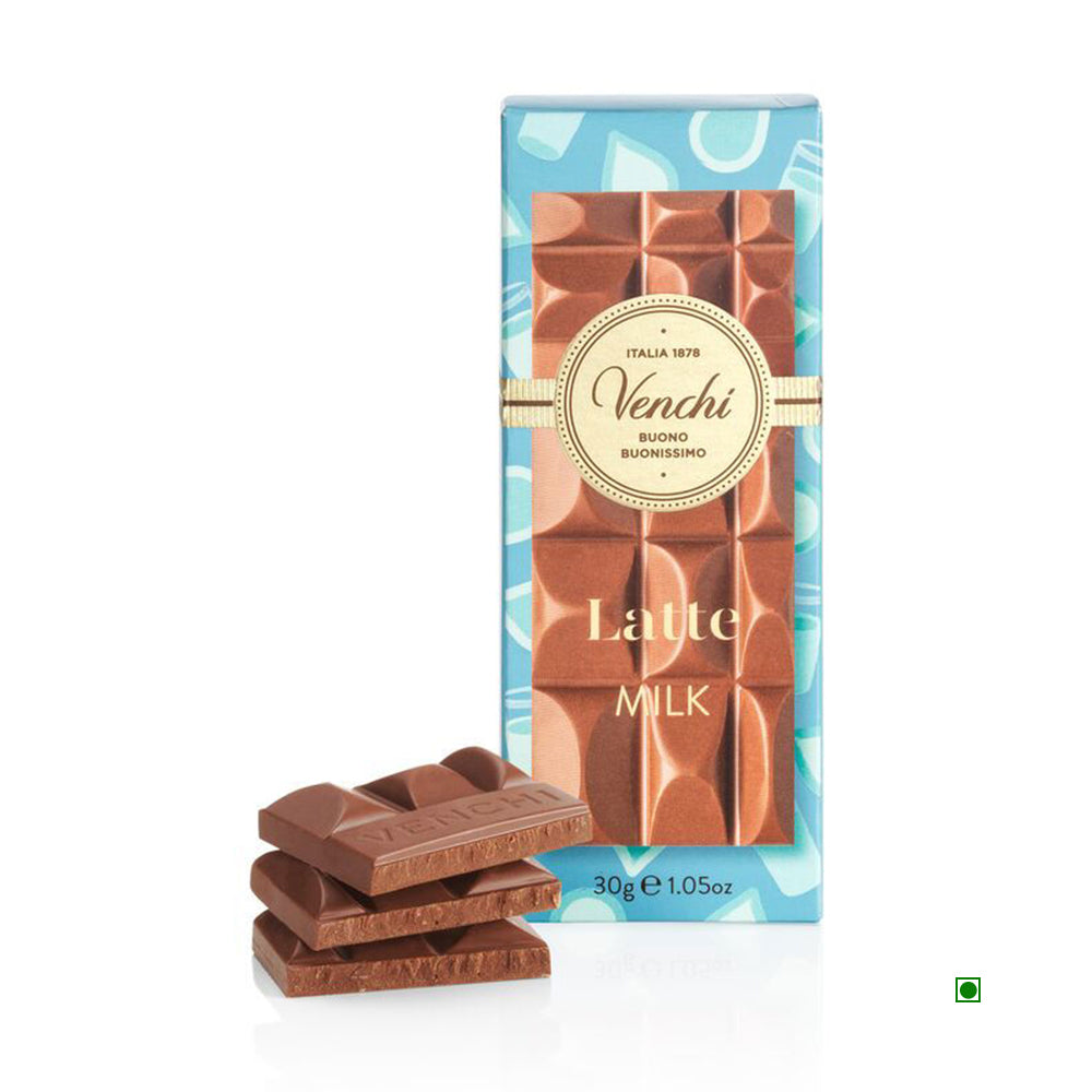 A 30g Venchi Mini Milk Chocolate Bar offers a creamy caramel fusion, featuring three stacked pieces.