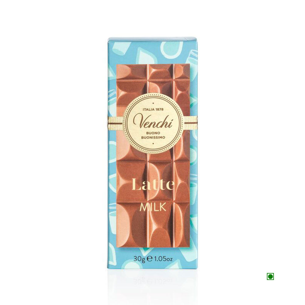 The Venchi Mini Milk Chocolate Bar 30g, from brand Venchi, has blue and brown packaging with gold details. It is infused with a hint of caramel.