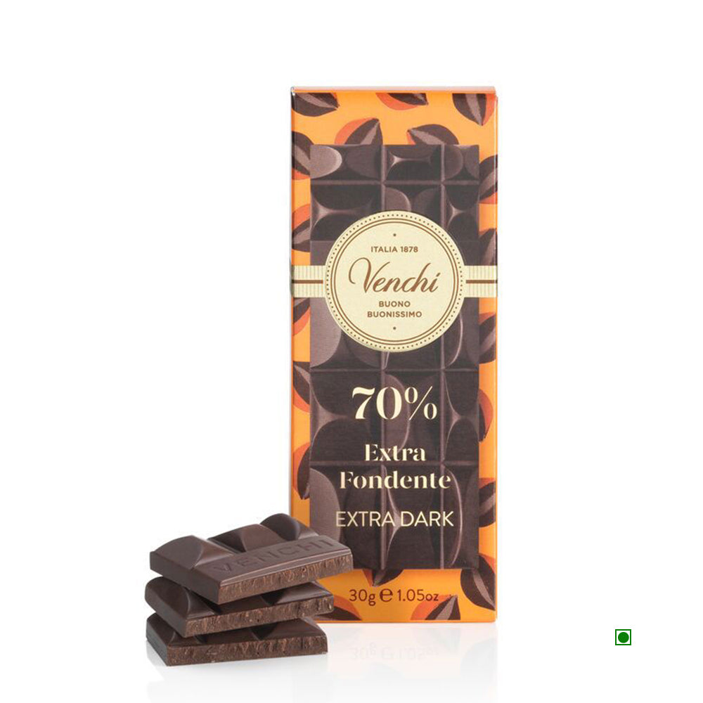 A 30g Venchi Mini 70% Extra Dark Chocolate Bar, known for its balanced flavor, is showcased in front with eye-catching orange and brown packaging.