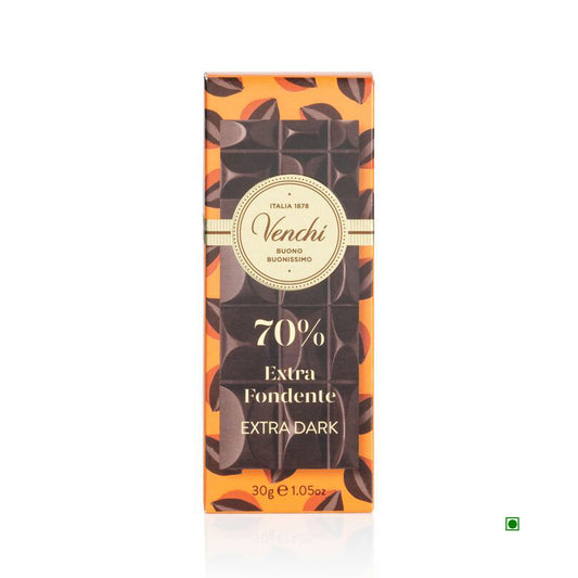 The Venchi Mini 70% Extra Dark Chocolate Bar 30g features orange and brown packaging with a gold circular label, highlighting its rich flavor and high cocoa content.