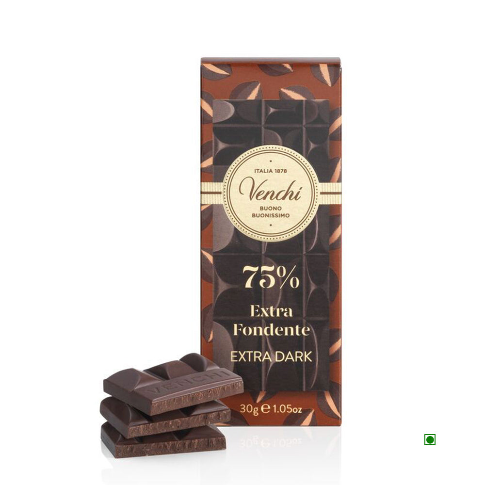 A Venchi Mini 75% Extra Dark Chocolate Bar 30g offers a rich, comforting experience. The brown packaging adorned with coffee bean graphics evokes the essence of a fine cocoa blend, with pieces stacked in front.