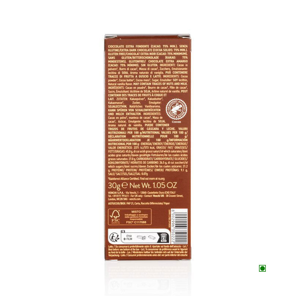 The Venchi Mini 75% Extra Dark Chocolate Bar 30g package presents a luxurious cocoa blend experience, showcasing its ingredients and nutritional info, with a green dot symbol at the bottom right.