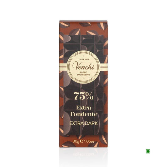 Enjoy the luxurious taste and elegance of the Venchi Mini 75% Extra Dark Chocolate Bar 30g, featuring a refined cocoa blend, wrapped in an elegant brown and black design.