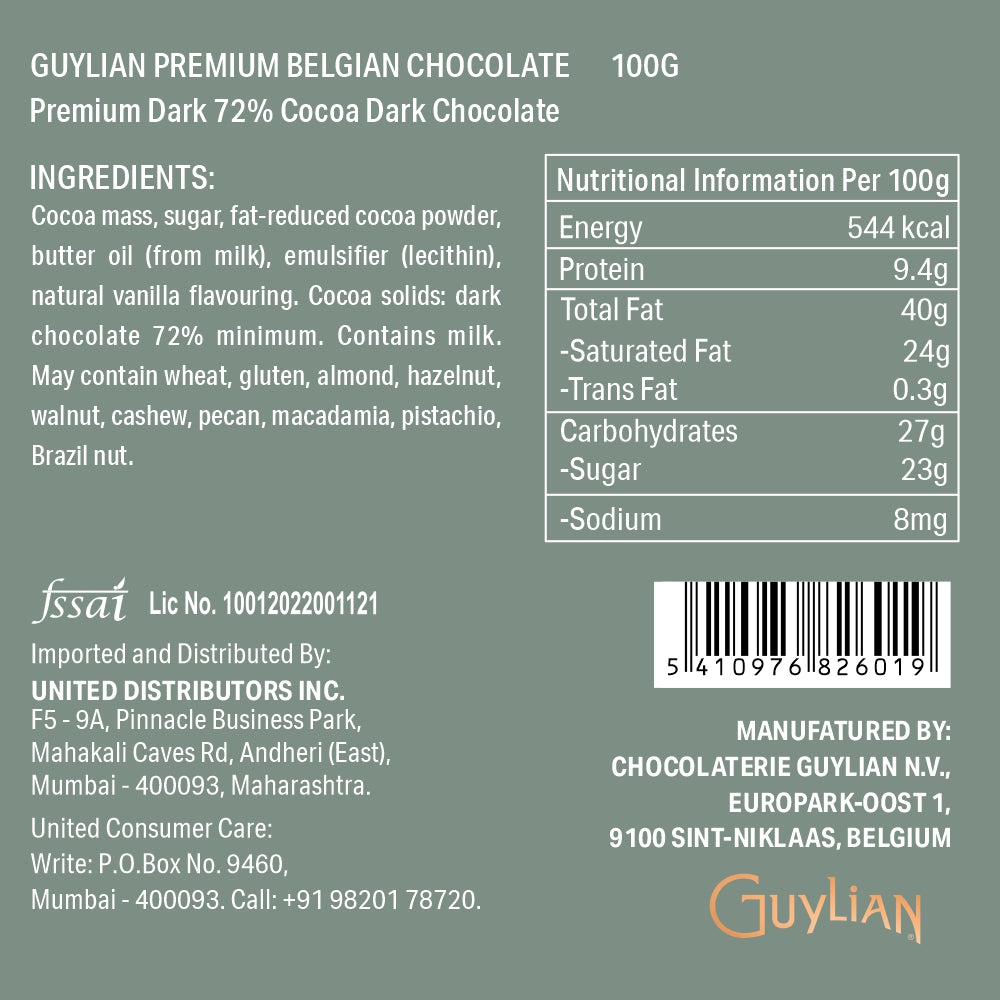 The Guylian 72% Dark Chocolate Tablet 100g packaging provides nutritional and ingredient information, showcasing its Belgian craftsmanship. Additionally, it includes contact and manufacturing details.