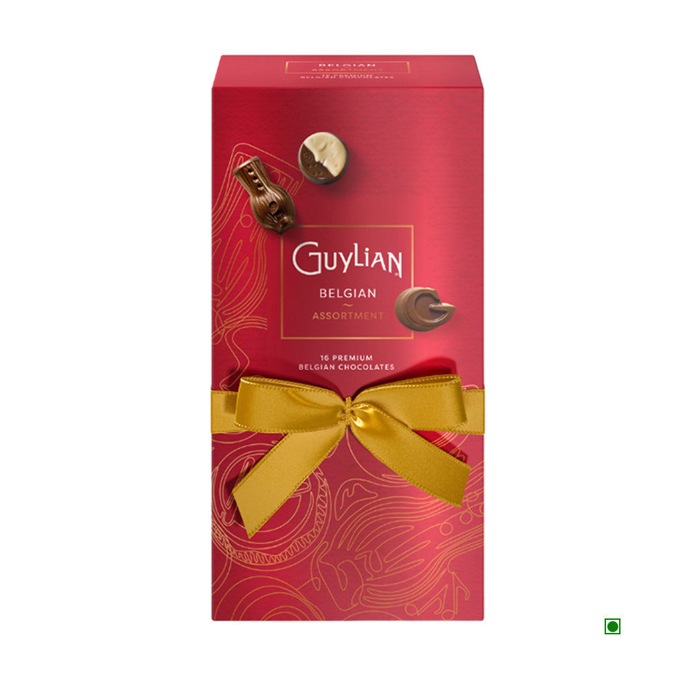 The Guylian Luxury Gift Box Opus 180g features a red design with a gold ribbon and images of delectable chocolates, proudly displaying its Belgian origin.