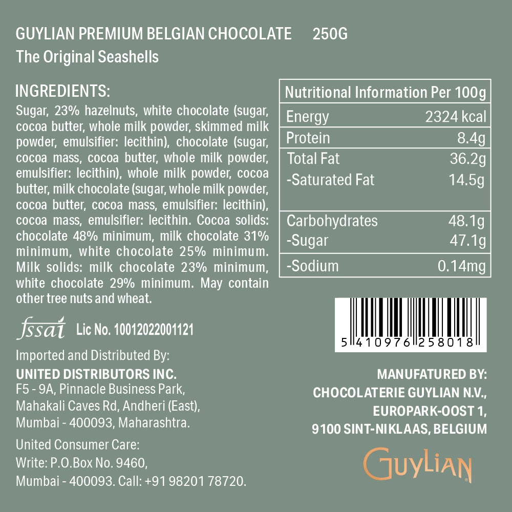 The packaging of the Guylian Original Seashells Luxury Gift Box 250g prominently displays the rich ingredients and nutritional information, proudly highlighting Belgium as the country of origin along with import details.