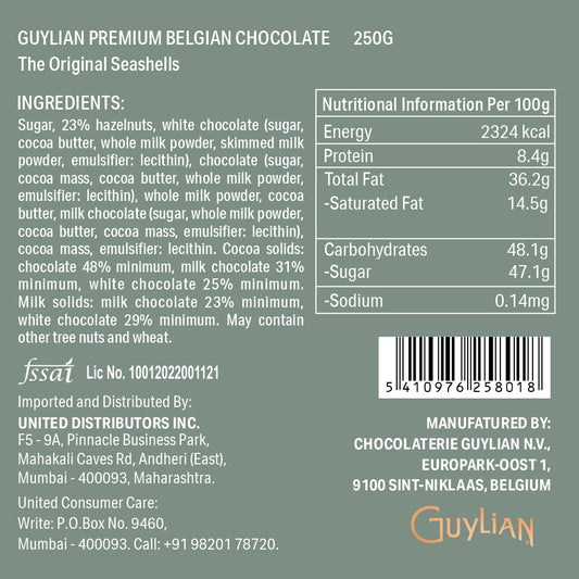 The packaging of the Guylian Original Seashells Luxury Gift Box 250g prominently displays the rich ingredients and nutritional information, proudly highlighting Belgium as the country of origin along with import details.