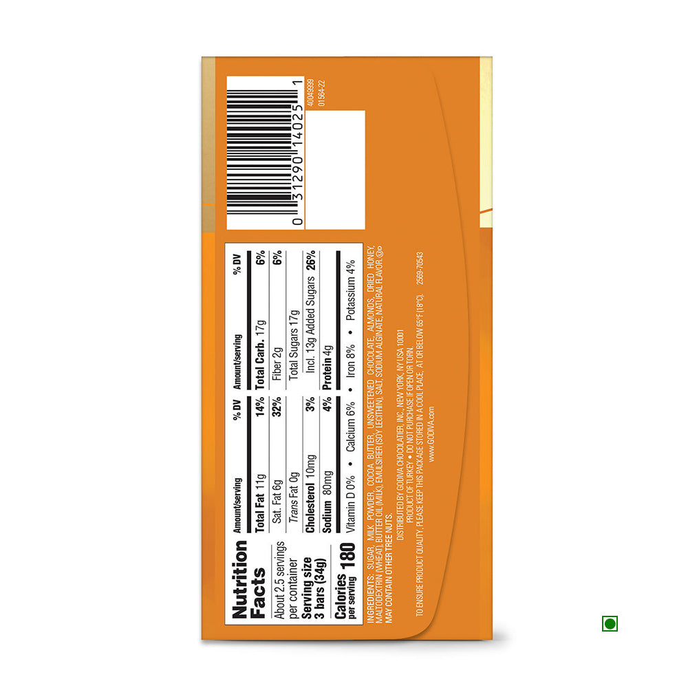 The back of the Godiva Signature Honey Almond Milk Chocolate Sticks 90g package showcases its nutrition facts, ingredients, and barcode against an orange background, emphasizing its infusion of honey and almond.