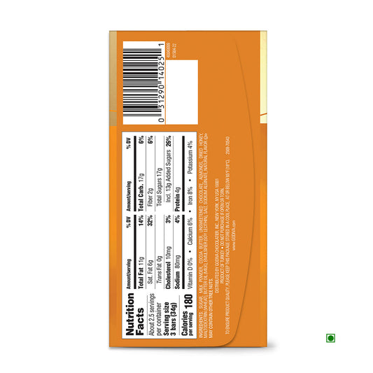 The back of the Godiva Signature Honey Almond Milk Chocolate Sticks 90g package showcases its nutrition facts, ingredients, and barcode against an orange background, emphasizing its infusion of honey and almond.