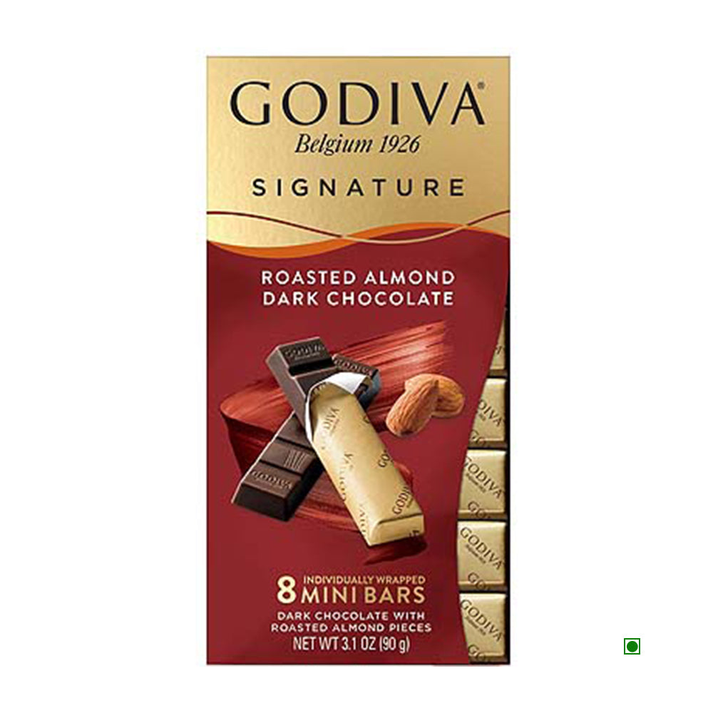 Enjoy a pack of Godiva Roasted Almond Dark Chocolate Sticks 90g, artfully made in Turkey, with packaging adorned with pieces of almonds and chocolate.