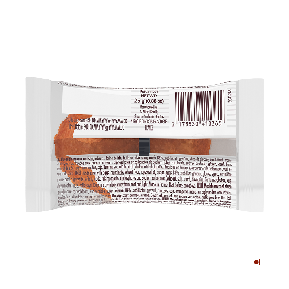 Back view of a St. Michel Madeleine 25g pack displays a partial red-orange madeleine, nutritional info, barcode, and ingredients list against a white background.
