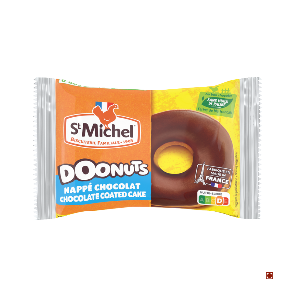 A 30g St. Michel Chocolate Coated Doonut with visible product branding and nutritional information on the wrapper.