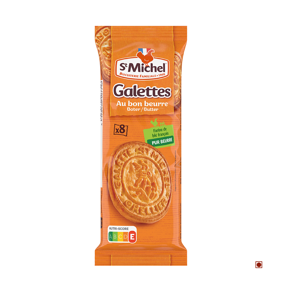 A package of St. Michel Butter Biscuit 51g from St. Michel, with round butter biscuits pictured on an orange background, French text, and a Nutri-Score label.