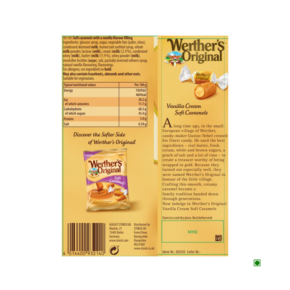 Werthers Soft Vanilla Cream Caramel 125g packaging displays nutrition facts, ingredients, a product image, and a description emphasizing the rich vanilla cream and caramel taste of this indulgent soft caramel treat.