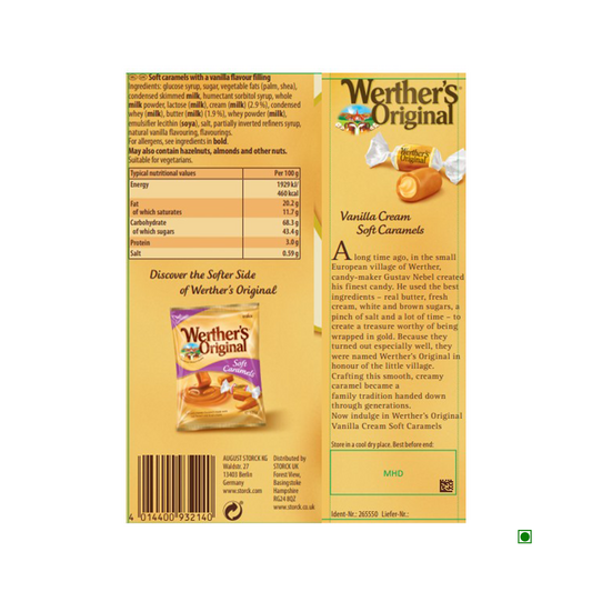 Werthers Soft Vanilla Cream Caramel 125g packaging displays nutrition facts, ingredients, a product image, and a description emphasizing the rich vanilla cream and caramel taste of this indulgent soft caramel treat.