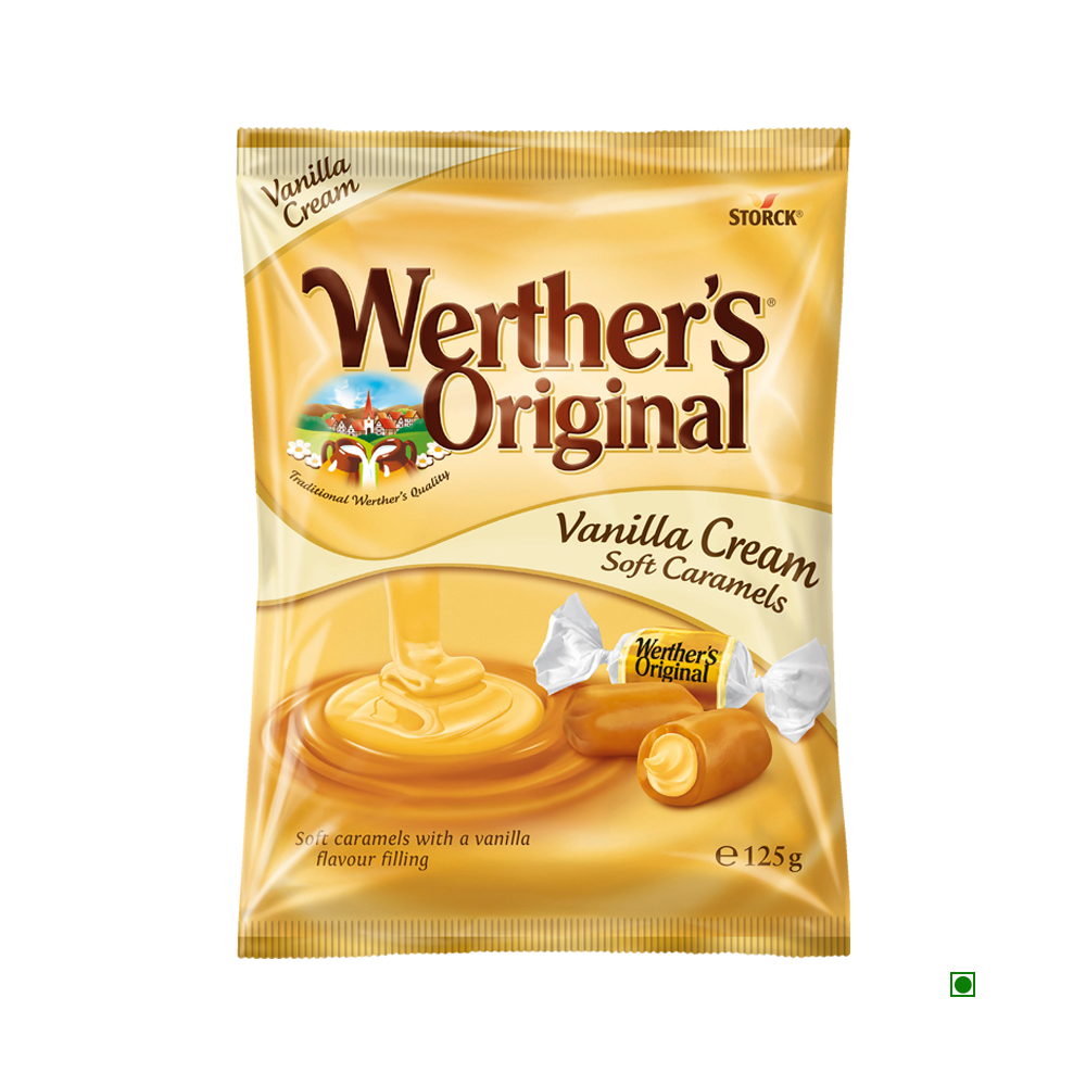 Werthers Soft Vanilla Cream Caramel 125g offers a delicious caramel treat, featuring soft caramels with creamy vanilla filling. The packaging displays inviting images of caramel and vanilla cream.