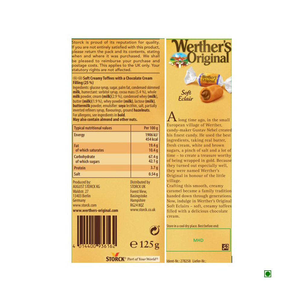 Back of a Werthers Original Soft Eclair 125g box with product description, ingredients, nutrition info, barcode, and company details for these creamy toffees with chocolate cream filling. Brand: Werthers.