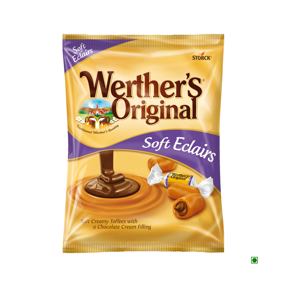 Werthers original Soft Eclair 125g features creamy toffees with a rich chocolate cream filling, wrapped in signature brown and gold packaging that shows an image of the delicious candy inside.
