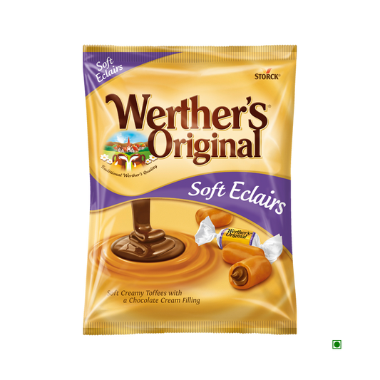Werthers original Soft Eclair 125g features creamy toffees with a rich chocolate cream filling, wrapped in signature brown and gold packaging that shows an image of the delicious candy inside.