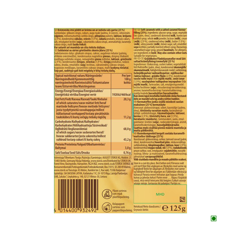 Back of Werther’s original Salted Caramel Cream 125g by Werthers, showing nutritional info, ingredients, barcode, recycling symbols, and storage instructions in several languages from Germany.