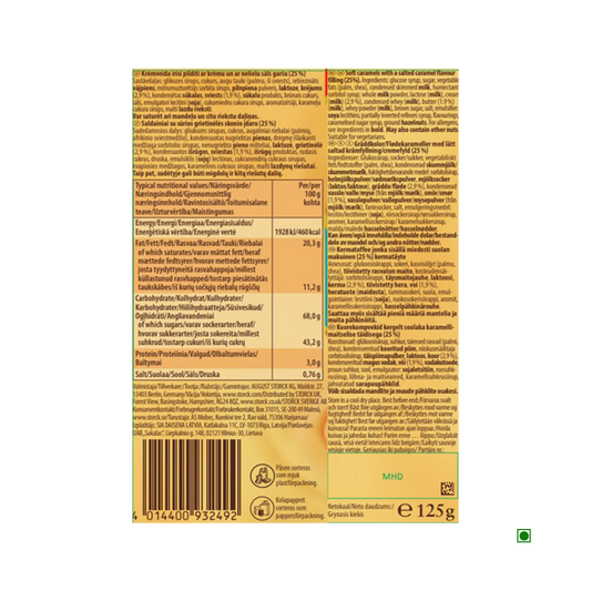 Back of Werther’s original Salted Caramel Cream 125g by Werthers, showing nutritional info, ingredients, barcode, recycling symbols, and storage instructions in several languages from Germany.