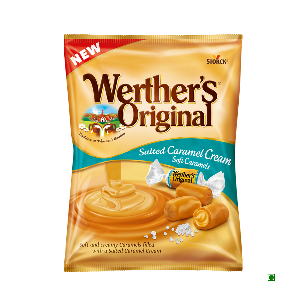 A 125g package of Werthers Salted Caramel Cream, showing creamy soft caramels with a red "NEW" label; a classic German treat.