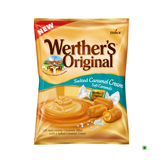 A 125g package of Werthers Salted Caramel Cream, showing creamy soft caramels with a red "NEW" label; a classic German treat.