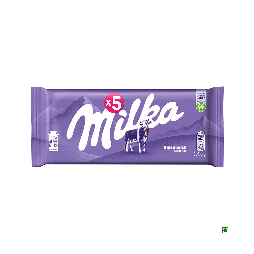 Milka Alpine Milk Bar 90g by Milka, in purple packaging with a cow and mountain design, plus an "x5" label.