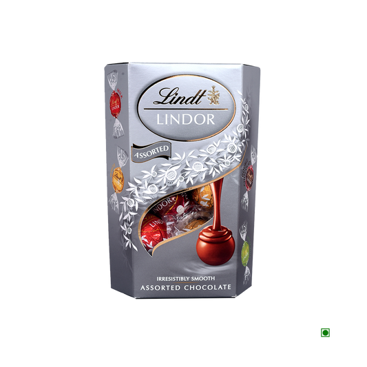 A 200g box of Lindt Lindor Silver chocolates by Lindt, featuring a silver design and tempting Swiss chocolate images on the packaging.