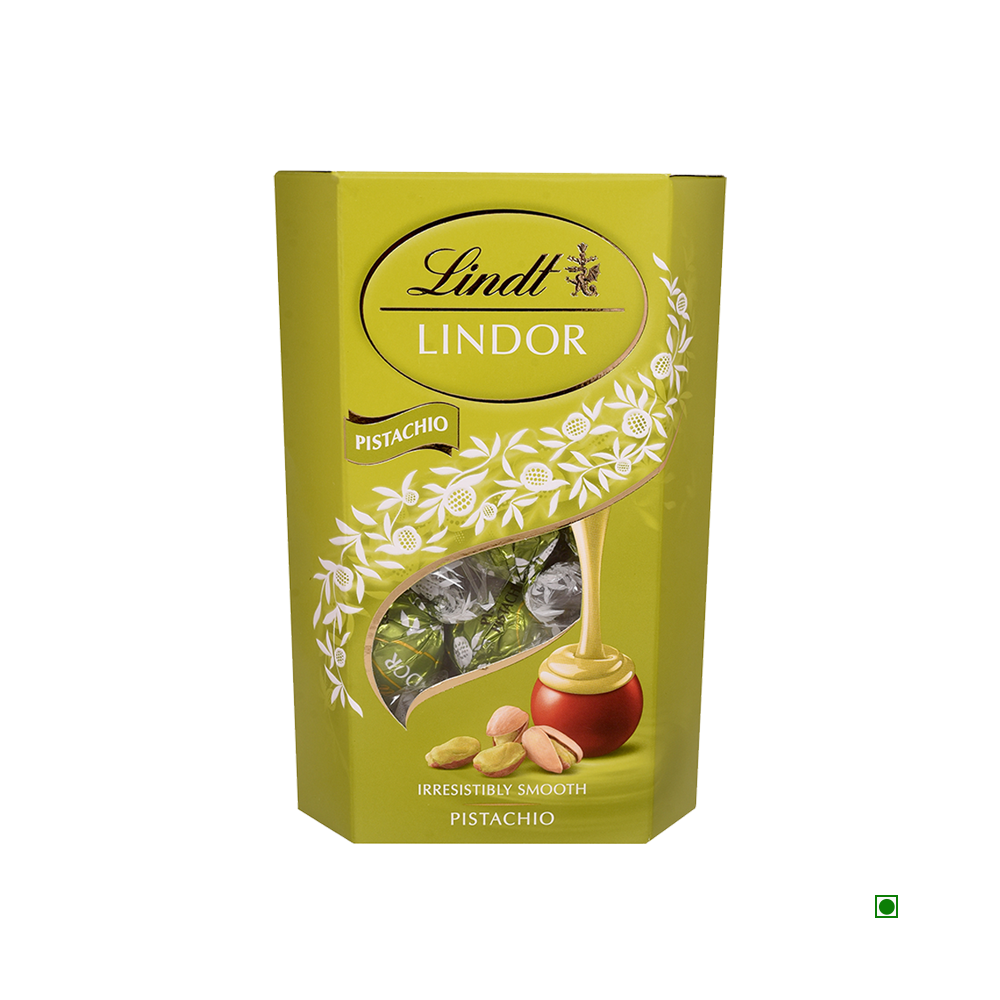 Lindt Lindor Pistachio 200g comes in green packaging decorated with pistachio images and luscious Swiss chocolate.